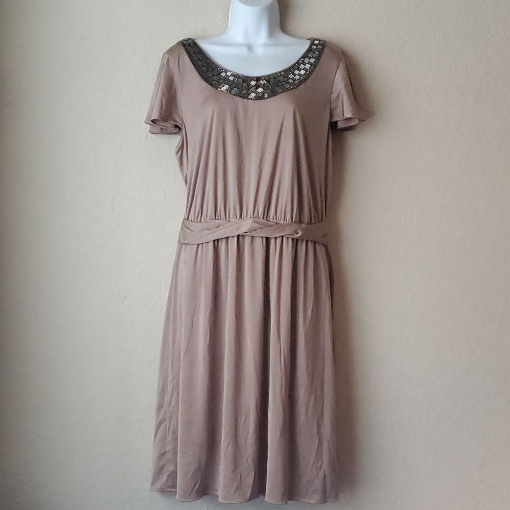 Tahari Arthur S Levine Dress Size 14 Taupe Beige Sequin Neckline Flutter Sleeve